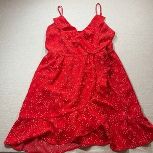 Promesa Wrap Mini Dress Womens Size L Red White Star Print Ruffle Trim